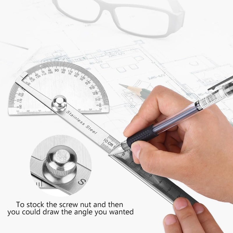 Chiffonade Stainless Steel Protractor 0-180° Round Head Protractor, Angle Finder with Rotary Arm,100mm Machinist Measuring Tool for Woodworking & Metalworking - Image 2
